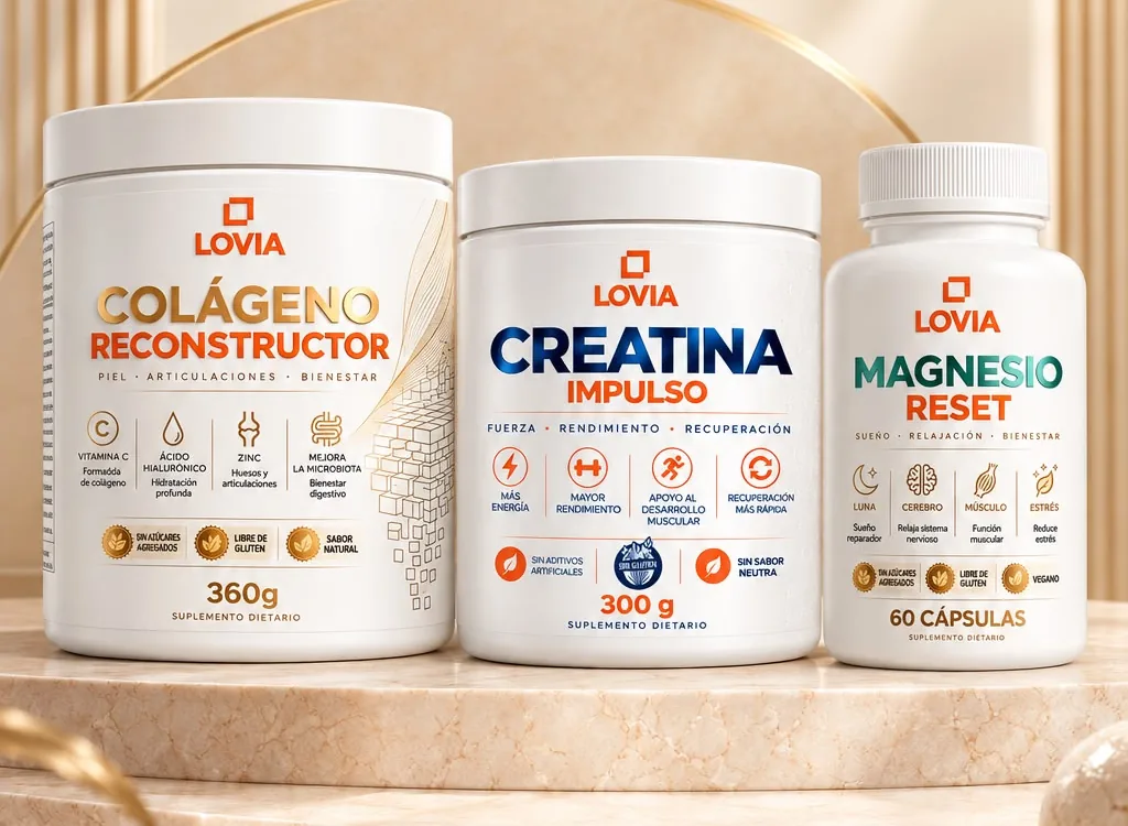 Colágeno Reconstructor, Creatina Impulso y Magnesio Reset de LOVIA sobre mármol